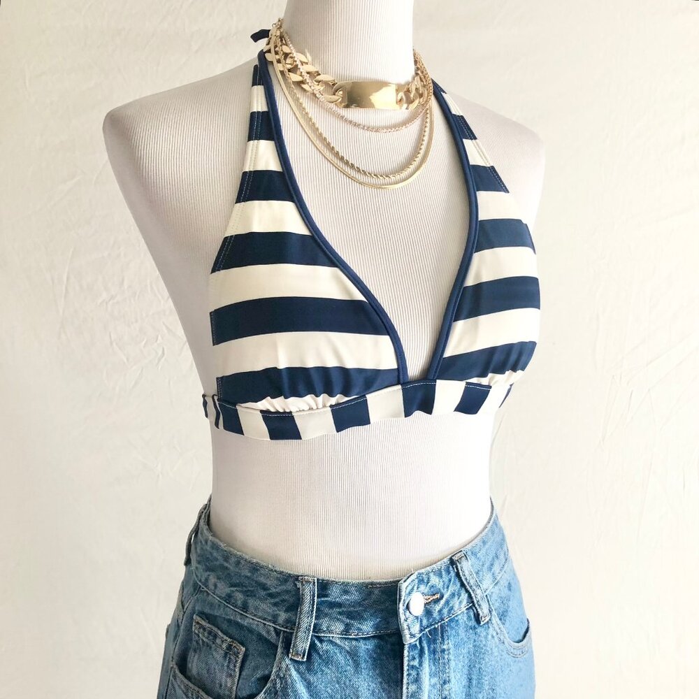 Navy White Stripe Halter Bikini Top Size M